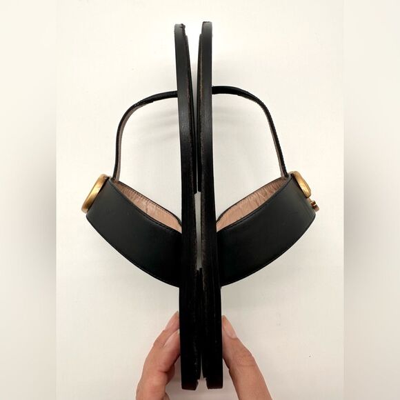 Gucci Black Leather Sandals with Gold Accent - Picture 7 of 12